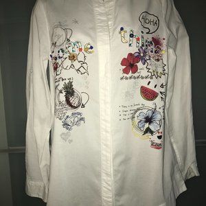 Desigual White Button-Down Shirt with Multicolor Floral & Graphic Prints
